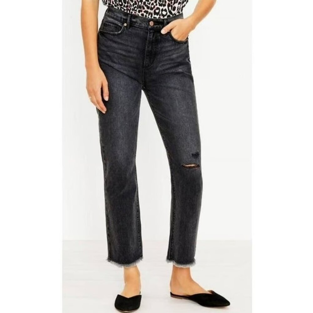 LOFT The Curvy Straight Crop Distressed Washed Black Raw Hem Jeans Size 14